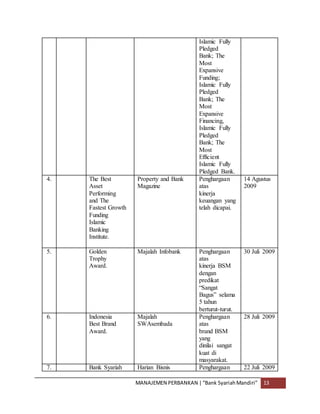 MANAJEMEN PERBANKAN |“Bank SyariahMandiri” 13
Islamic Fully
Pledged
Bank; The
Most
Expansive
Funding;
Islamic Fully
Pledged
Bank; The
Most
Expansive
Financing,
Islamic Fully
Pledged
Bank; The
Most
Efficient
Islamic Fully
Pledged Bank.
4. The Best
Asset
Performing
and The
Fastest Growth
Funding
Islamic
Banking
Institute.
Property and Bank
Magazine
Penghargaan
atas
kinerja
keuangan yang
telah dicapai.
14 Agustus
2009
5. Golden
Trophy
Award.
Majalah Infobank Penghargaan
atas
kinerja BSM
dengan
predikat
“Sangat
Bagus” selama
5 tahun
berturut-turut.
30 Juli 2009
6. Indonesia
Best Brand
Award.
Majalah
SWAsembada
Penghargaan
atas
brand BSM
yang
dinilai sangat
kuat di
masyarakat.
28 Juli 2009
7. Bank Syariah Harian Bisnis Penghargaan 22 Juli 2009
 