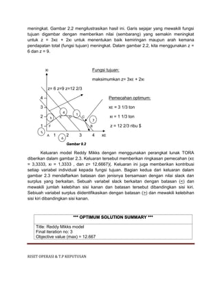 RISET OPERASI & T.P KEPUTUSAN
meningkat. Gambar 2.2 mengilustrasikan hasil ini. Garis sejajar yang mewakili fungsi
tujuan digambar dengan memberikan nilai (sembarang) yang semakin meningkat
untuk z = 3xE + 2xI untuk menentukan baik kemiringan maupun arah kemana
pendapatan total (fungsi tujuan) meningkat. Dalam gambar 2.2, kita menggunakan z =
6 dan z = 9.
xI Fungsi tujuan:
maksimumkan z= 3xE + 2xI
z= 6 z=9 z=12 2/3
4 – Pemecahan optimum:
3 – xE = 3 1/3 ton
2 – E D C xI = 1 1/3 ton
1 – F B z = 12 2/3 ribu $
A 1 2 3 4 xE
Gambar 9.2
Keluaran model Reddy Mikks dengan menggunakan perangkat lunak TORA
diberikan dalam gambar 2.3. Keluaran tersebut memberikan ringkasan pemecahan (xE
= 3,3333, xI = 1,3333 , dan z= 12,6667)(. Keluaran ini juga memberikan kontribusi
setiap variabel individual kepada fungsi tujuan. Bagian kedua dari keluaran dalam
gambar 2.3 mendaftarkan batasan dan jenisnya bersamaan dengan nilai slack dan
surplus yang berkaitan. Sebuah variabel slack berkaitan dengan batasan (<) dan
mewakili jumlah kelebihan sisi kanan dan batasan tersebut dibandingkan sisi kiri.
Sebiuah variabel surplus diidentifikasikan dengan batasan (>) dan mewakili kelebihan
sisi kiri dibandingkan sisi kanan.
*** OPTIMUM SOLUTION SUMMARY ***
Title: Reddy Mikks model
Final iteration no: 3
Objective value (max) = 12.667
2
14
3
5
6
 