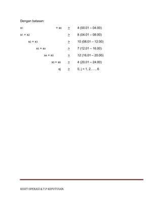 RISET OPERASI & T.P KEPUTUSAN
Dengan batasan:
x1 + x6 > 4 (00.01 – 04.00)
x1 + x2 > 8 (04.01 – 08.00)
x2 + x3 > 10 (08.01 – 12.00)
x3 + x4 > 7 (12.01 – 16.00)
x4 + x5 > 12 (16.01 – 20.00)
x5 + x6 > 4 (20.01 – 24.00)
xj > 0, j = 1, 2, …, 6
 