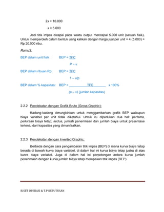RISET OPERASI & T.P KEPUTUSAN
2x = 10.000
x = 5.000
Jadi titik impas dicapai pada waktu output mencapai 5.000 unit (satuan fisik).
Untuk memperoleh dalam bentuk uang kalikan dengan harga jual per unit = 4 (5.000) =
Rp 20.000 ribu.
RumuS:
BEP dalam unit fisik: BEP = TFC
P – v
BEP dalam ribuan Rp: BEP = TFC
1 – v/p
BEP dalam % kapasitas: BEP = _ TFC x 100%
(p – v) (jumlah kapasitas)
2.2.2 Pendekatan dengan Grafik Bruto (Gross Graphic):
Kadang-kadang dimungkinkan untuk menggambarkan grafik BEP walaupun
biaya variabel per unit tidak diketahui. Untuk itu diperlukan dua hal: pertama,
perkiraan biaya tetap; kedua, jumlah penerimaan dan jumlah biaya untuk presentase
tertentu dari kapasitas yang dimanfaatkan.
2.2.3 Pendekatan dengan Inverted Graphic:
Berbeda dengan cara pengambaran titik impas (BEP) di mana kurva biaya tetap
berada di bawah kurva biaya variabel, di dalam hal ini kurva biaya tetap justru di atas
kurva biaya variabel. Juga di dalam hal ini perpotongan antara kurva jumlah
penerimaan dengan kurva jumlah biaya tetap merupakan titik impas (BEP).
 