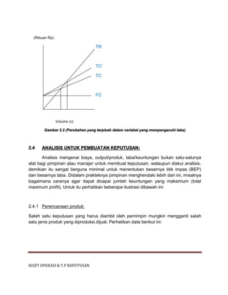 RISET OPERASI & T.P KEPUTUSAN
(Ribuan Rp)
TR
TC’
TC
FC
Volume (c)
Gambar 2.2 (Perubahan yang terpisah dalam variabel yang mempengaruhi laba)
2.4 ANALISIS UNTUK PEMBUATAN KEPUTUSAN:
Analisis mengenai biaya, output/produk, laba/keuntungan bukan satu-satunya
alat bagi pimpinan atau manajer untuk membuat keputusan, walaupun diakui analisis,
demikian itu sangat berguna minimal untuk menentukan besarnya titik impas (BEP)
dan besarnya laba. Didalam prakteknya pimpinan menghendaki lebih dari ini, misalnya
bagaimana caranya agar dapat dicapai jumlah keuntungan yang maksimum (total
maximum profit), Untuk itu perhatikan beberapa ilustrasi dibawah ini:
2.4.1 Perencanaan produk:
Salah satu keputusan yang harus diambil oleh pemimpin mungkin mengganti salah
satu jenis produk yang diproduksi.dijual, Perhatikan data berikut ini:
 