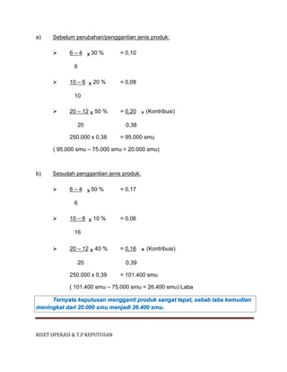 RISET OPERASI & T.P KEPUTUSAN
a) Sebelum perubahan/penggantian jenis produk:
 6 – 4 x 30 % = 0,10
6
 10 – 6 x 20 % = 0,08
10
 20 – 12 x 50 % = 0,20 + (Kontribusi)
20 0,38
250.000 x 0,38 = 95.000 smu
( 95.000 smu – 75.000 smu = 20.000 smu)
b) Sesudah penggantian jenis produk:
 6 – 4 x 50 % = 0,17
6
 10 – 6 x 10 % = 0,06
16
 20 – 12 x 40 % = 0,16 + (Kontribusi)
20 0,39
250.000 x 0,39 = 101.400 smu
( 101.400 smu – 75.000 smu = 26.400 smu) Laba
Ternyata keputusan mengganti produk sangat tepat, sebab laba kemudian
meningkat dari 20.000 smu menjadi 26.400 smu.
 