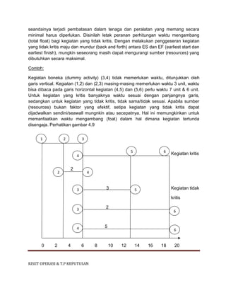 RISET OPERASI & T.P KEPUTUSAN
seandainya terjadi pembatasan dalam tenaga dan peralatan yang memang secara
minimal harus diperlukan. Disinilah letak peranan perhitungan waktu mengambang
(total float) bagi kegiatan yang tidak kritis. Dengan melakukan penggeseran kegiatan
yang tidak kritis maju dan mundur (back and forth) antara ES dan EF (earliest start dan
earliest finish), mungkin seseorang masih dapat mengurangi sumber (resources) yang
dibutuhkan secara maksimal.
Contoh:
Kegiatan boneka (dummy activity) (3,4) tidak memerlukan waktu, ditunjukkan oleh
garis vertical. Kegiatan (1,2) dan (2,3) masing-masing memerlukan waktu 3 unit, waktu
bisa dibaca pada garis horizontal kegiatan (4,5) dan (5,6) perlu waktu 7 unit & 6 unit.
Untuk kegiatan yang kritis banyaknya waktu sesuai dengan panjangnya garis,
sedangkan untuk kegiatan yang tidak kritis, tidak sama/tidak sesuai. Apabila sumber
(resources) bukan faktor yang efektif, setipa kegiatan yang tidak kritis dapat
dijadwalkan sendini/seawall mungnkin atau secepatnya. Hal ini memungkinkan untuk
memanfaatkan waktu mengambang (foat) dalam hal dimana kegiatan tertunda
disengaja. Perhatikan gambar 4.9
Kegiatan kritis
2
3 Kegiatan tidak
kritis
2
5
0 2 4 6 8 10 12 14 16 18 20
1 2 3
4
5 6
2 4
3
3
5
6
4 6
 