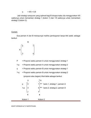 RISET OPERASI & T.P KEPUTUSAN
q = 4/5 = 0,8
Jadi strategi campuran yang optimal bagi B dicapai kalau dia menggunakan 4/5
waktunya untuk memainkan strategi 1 (kolom 1) dan 1/5 waktunya untuk memainkan
strategi 2 (kolom 2).
Contoh:
Dua pemain A dan B mempunyai matriks pembayaran tanpa titik sadel, sebagai
berikut:
B
5 1
A
3 4
P = Proporsi waktu pemain A untuk menggunakan strategi 1
1-p = Proporsi waktu pemain A untuk menggunakan strategi 2
q = Proporsi waktu pemain B untuk menggunakan strategi 1
1-q = Proporsi waktu pemain B untuk menggunakan strategi 2
(proporsi atau bagian) lihat table sebagai berikut:
q 1-q
p 5 1 baris 1, strategi 1, pemain A
1-p 3 4 baris 2, strategi 2, pemain A
1 1
Kolom 1 Kolom 2
 