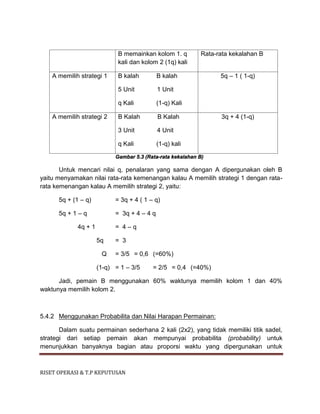 RISET OPERASI & T.P KEPUTUSAN
B memainkan kolom 1. q
kali dan kolom 2 (1q) kali
Rata-rata kekalahan B
A memilih strategi 1 B kalah B kalah
5 Unit 1 Unit
q Kali (1-q) Kali
5q – 1 ( 1-q)
A memilih strategi 2 B Kalah B Kalah
3 Unit 4 Unit
q Kali (1-q) kali
3q + 4 (1-q)
Gambar 5.3 (Rata-rata kekalahan B)
Untuk mencari nilai q, penalaran yang sama dengan A dipergunakan oleh B
yaitu menyamakan nilai rata-rata kemenangan kalau A memilih strategi 1 dengan rata-
rata kemenangan kalau A memilih strategi 2, yaitu:
5q + (1 – q) = 3q + 4 ( 1 – q)
5q + 1 – q = 3q + 4 – 4 q
4q + 1 = 4 – q
5q = 3
Q = 3/5 = 0,6 (=60%)
(1-q) = 1 – 3/5 = 2/5 = 0,4 (=40%)
Jadi, pemain B menggunakan 60% waktunya memilih kolom 1 dan 40%
waktunya memilih kolom 2.
5.4.2 Menggunakan Probabilita dan Nilai Harapan Permainan:
Dalam suatu permainan sederhana 2 kali (2x2), yang tidak memiliki titik sadel,
strategi dari setiap pemain akan mempunyai probabilita (probability) untuk
menunjukkan banyaknya bagian atau proporsi waktu yang dipergunakan untuk
 