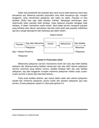 RISET OPERASI & T.P KEPUTUSAN
Salah satu karateristik dari populasi atau input source ialah besarnya (size) atau
banyaknya spp. Besarnya populasi (population size) ialah banyaknya spp, mungkin
langganan, yang memerlukan pelayanan dari waktu ke waktu. Populasi ini bisa
terbatas (finite) bisa juga tidak terbatas (infinite). Mengingat perhitungan akan
dipermudah kalau populasi tidak terbatas, maka biasanya populasi dianggap tidak
terbatas, di dalam membahas model antrian. Akan tetapi asumsi mengenai populasi
yang terbatas perlu dibuat, seandainya rata-rata (rate) pada saat populasi melahirkan
spp baru sangat dipengaruhi oleh beberapa spp dalam sistem.
Sistem Antrian
Spp Akan Menerima Spp Setelah
Pelayanan Menerima
Spp = Satuan Penerima Pelayanan
Pelayanan
Gambar 6.1 Proses Dasar antrian
Mekanisme pelayanan (service mechanism) terdiri dari satu atau lebih fasilitas
pelayana (fp). Masing-masing fasilitas mempunyai satu atau lebih saluran pelayanan
(service channels) yang disebut servers. Apabila terdapat lebih dari satu fasilitas
pelayanan, spp atau langganan mungkin menerima pelayanan melalui suatu urutan-
urutan (service in place) atau fase-fase tertentu.
Pada suatu fasilitas tertentu, spp masuk dalam salah satu saluran pelayanan
paralel dan menerima pelayanan secara tuntas dari pemberi pelayanan (pp) atau
servers. Proses pelayanan seperti ini, lihat pada gambar 6.2
Populasi Antrian Mekanisme
 