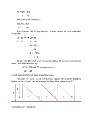 RISET OPERASI & T.P KEPUTUSAN
TC = Q CI + R S
2 Q
Kita turunkan TC terhadap Q:
dTC = CI – RS
dQ 2 Q2
Agar diperoleh nilai Q yang optimum, turunan pertama ini harus disamakan
dengan nol.
CI – RS = 0 CI = RS
2 Q2 2 Q2
Q2 = 2RS
CI
Q = 2RS
CI
Dengan nilai Q tersebut, untuk membuktikan bahwa TC minimum, maka turunan
kedua harus lebih besar dari nol.
d2TC = 2RC, jadi TC memang minimum.
dQ Q3
Jumlah pesanan ekonomis, kalau terjadi kekurangan.
Persoalan ini sama seperti sebelumnya, kecuali kemungkinan terjadinya
kekurangan (shortages). Inventori semacam ini dapat dilihat pada gambar 7.5
S
Q
t1 t2 t1 t2 t3 t2
 