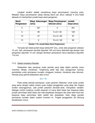 RISET OPERASI & T.P KEPUTUSAN
Langkah terakhir adalah menghitung biaya penyimpanan (carrying cost).
Misalkan biaya penyimpanan setiap barang (item) per tahun sebesar 6 smu.Tabel
dibawah ini memberikan jumlah biaya stock pengaman.
Stock
Pengawasan
Biaya Kekurangan
(smu)
Biaya Penyimpanan
tahunan (smu)
Jumlah
biaya (smu)
0 261 0 261
5 99 5 x 6 = 30 129
10 27 10 x 6 = 60 87
15 0 15 x 6 = 90 90
Gambar 7.10 ( Jumlah Biaya Stock Pengamanan)
Ternyata dari tabel jumlah biaya terkecil 87 smu, untuk stok pengaman sebesar
10 unit. Jadi, pemesanan kembali sejumlah 100 unit harus ditambah lagi dengan stok
pengaman sejumlah 10 unit, dengan demikian pemesanan harus diperbarui sejumlah
110 unit.
7.4.2 Sistem Inventory Periodik:
Didasarkan atas penetuan suatu periode yang tetap dalam periode mana
inventory ditinjau (reviewed). Tergantung pada tipe atau penggunaan barang,
periodisitas untuk peninjauan mungkin mingguan, bulanan, triwulanan atau tahunan.
Periode yang optimal didasarkan atas rumus:
Q/u = t0
Pada setiap periode peninjauan, suatu pesanan dilakukan untuk suatu jumlah
yang sama dengan selisih antara suatu tingkat penggantian yang tetap dan tingkat
invetori sesungguhnya. Jadi jumlah pesanan berubah-ubah, merupakan variabel.
Sebagai contoh misalnya, jumlah pesanan ini harus lebih besar dari biasanya kalau
jumlah permintaan lebih besar dari nilai ekspektasi (harapan) dan akan lebih kecil dari
biasanya kalau permintaan lebih sedikit dari ekspektasi. Akan tetapi periode
peninjauan konstan dalam system inventori ini. Tingkat penggantian (S) dihitung
berdasarkan rumus:
 