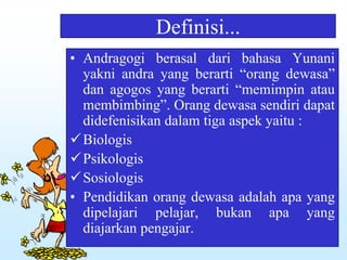 Definisi...
• Andragogi berasal dari bahasa Yunani
yakni andra yang berarti “orang dewasa”
dan agogos yang berarti “memimpin atau
membimbing”. Orang dewasa sendiri dapat
didefenisikan dalam tiga aspek yaitu :
Biologis
Psikologis
Sosiologis
• Pendidikan orang dewasa adalah apa yang
dipelajari pelajar, bukan apa yang
diajarkan pengajar.
 