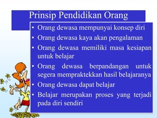 Prinsip Pendidikan Orang
Dewasa• Orang dewasa mempunyai konsep diri
• Orang dewasa kaya akan pengalaman
• Orang dewasa memiliki masa kesiapan
untuk belajar
• Orang dewasa berpandangan untuk
segera mempraktekkan hasil belajaranya
• Orang dewasa dapat belajar
• Belajar merupakan proses yang terjadi
pada diri sendiri
 