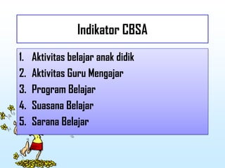 Indikator CBSA
1. Aktivitas belajar anak didik
2. Aktivitas Guru Mengajar
3. Program Belajar
4. Suasana Belajar
5. Sarana Belajar
 