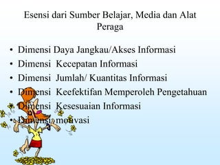 Esensi dari Sumber Belajar, Media dan Alat
Peraga
• Dimensi Daya Jangkau/Akses Informasi
• Dimensi Kecepatan Informasi
• Dimensi Jumlah/ Kuantitas Informasi
• Dimensi Keefektifan Memperoleh Pengetahuan
• Dimensi Kesesuaian Informasi
• Dimensi motivasi
 