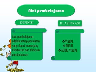 Alat pembelajaran
Alat pembelajaran
adalah setiap peralatan
yang dapat menunjang
efektivitas dan efisiensi
pembelajaran
DEFINISI KLASIFIKASI
VISUAL
AUDIO
AUDIO VISUAL
 