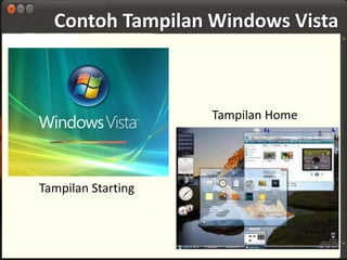 Contoh Tampilan Windows Vista 
Tampilan Home 
Tampilan Starting 
 