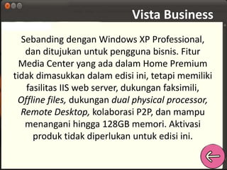 Vista Business 
Sebanding dengan Windows XP Professional, 
dan ditujukan untuk pengguna bisnis. Fitur 
Media Center yang ada dalam Home Premium 
tidak dimasukkan dalam edisi ini, tetapi memiliki 
fasilitas IIS web server, dukungan faksimili, 
Offline files, dukungan dual physical processor, 
Remote Desktop, kolaborasi P2P, dan mampu 
menangani hingga 128GB memori. Aktivasi 
produk tidak diperlukan untuk edisi ini. 
 