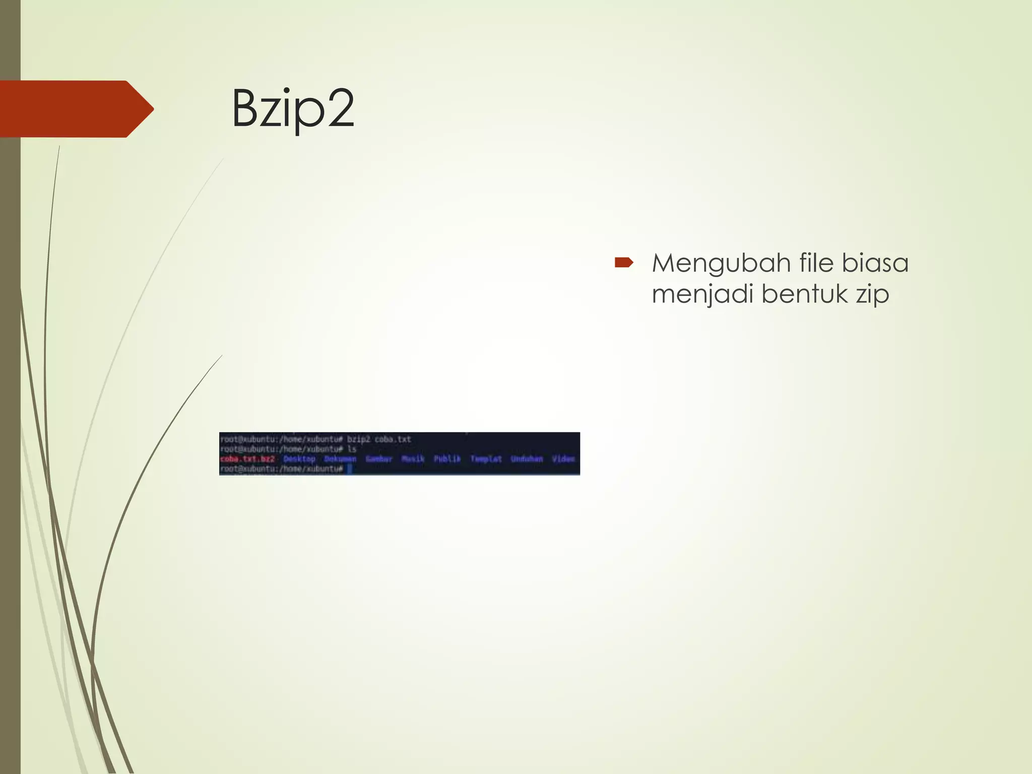 Bzip2
Mengubah file biasa
menjadi bentuk zip
