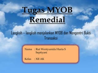 Langkah – langkah menjalankan MYOB dan Mengentri Bukti
Transaksi
Nama : Rut Wentyunida Huria S
Septiyani
Kelas

: XII AK

 