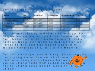 Be r i k u t

d a f t a r

u t a n g d a g a n g

NAMA

NO
FAKTUR

TANGGAL

PEMBELIAN

PPN MASUKAN

JUMLAH

PT Sumber Makmur

C.15234

23/11/2009

21.000

2.100

23.100

CV Abadi Jaya

F.1289

20/11/2009

16.000

1.600

17.600

PT Samudra

FK.2011

28/11/2009

26.000

2.600

28.600

63.000

6.300

69.300

P i l i h m e n u S e t u p => B a l a n c e s => S u p p l i e r
B a l a n c e s s e l a n j u t n y a k l i k t o mb o l A d d
P u r c h a s e d a n p i l i h n a ma p e ma s o k , k l i k
f i n d e r S u p p l i e r N a me k e mu d i a n i s i n o
i n v o i c e d l l d a n t a x c o d e s s e l a l u N -T
(t i d a k k e n a p a j a k ), l a l u k l i k R e c o r d .
Da
c a
j e
s a
n i
Cl

f
r
n
l
l
o

t
a
d
d
a
s

a r s
y a n
e l a
o u t
i u t
e .

e
g
y
a
a

l a n j u t n y a d i l a n j u t k a n d e n g a n
s a ma , d a n s e t e l a h mu n c u l
a n g me n y a t a k a n b a h w a j u ml a h
n g p a d a B B P s u d a h s a ma d e n g a n
n g b u k u b e s a r . L a l u k l i k O K =>

 