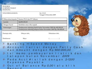 PD SUBUR
JL MENDUT BARAT
BANDUNG
---------------------------------------------------------------------------------------------------------------------------VOUCHER KAS KECIL
No: V12-2
Tanggal: 4 Desember 2009

Dibayarkan kepada

Kantor PLN dan PT Telkom

Jumlah

Rp900.000,00

Dengan huruf

Sembilan ratus ribu rupiah

Keterangan

Pembayaran rekening listrik bulan November 2009 Rp 400.000,00
Pembayaran rekening telepon bulan November 2009 Rp 500.000,00

Disetujui oleh,

Dibayar oleh,

Hendrawan

1. B a
2. A c
d a
3. I s
t e
4. P a
Ex
5. O u

Maya

n
c
n
i
l
d
p
t

Dibukukan oleh,
(…………………)

k i n g => S p e n d M o n e y
o u n t t e r i s i d e n g a n Pe t t y Ca s h
A m o u n t d e n g a n R p 900.000,00
me mo : p e mb a y a r a n l i s t r i k d a n
e p o n b u l a n N o v e m b e r 2009
a A c c t # i s i l a h d e n g a n 2-1200
e n s e Pa y a b l e
o f B a l a n c e R p 0,00 l a l u k l i k

 