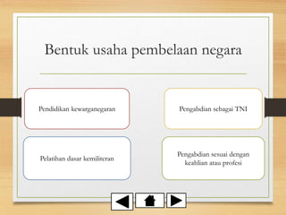 Bentuk usaha pembelaan negara
Pendidikan kewarganegaran
Pelatihan dasar kemiliteran
Pengabdian sebagai TNI
Pengabdian sesuai dengan
keahlian atau profesi
 