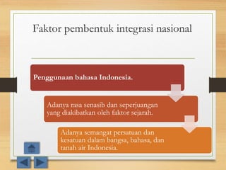 Faktor pembentuk integrasi nasional
Penggunaan bahasa Indonesia.
Adanya rasa senasib dan seperjuangan
yang diakibatkan oleh faktor sejarah.
Adanya semangat persatuan dan
kesatuan dalam bangsa, bahasa, dan
tanah air Indonesia.
 