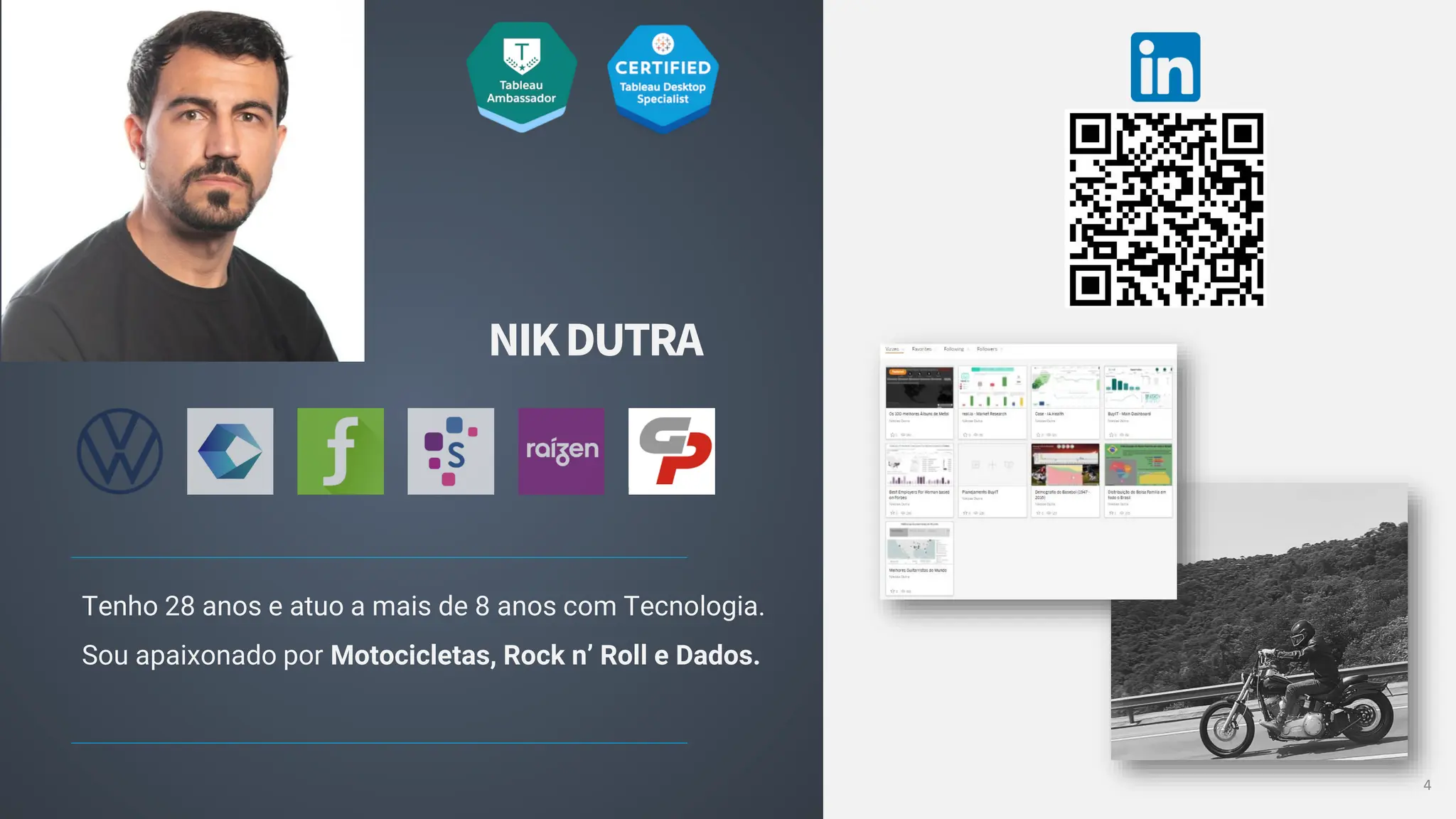 Tenho 28 anos e atuo a mais de 8 anos com Tecnologia.
Sou apaixonado por Motocicletas, Rock n’ Roll e Dados.
4
NIKDUTRA
 