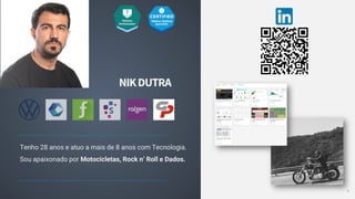 Tenho 28 anos e atuo a mais de 8 anos com Tecnologia.
Sou apaixonado por Motocicletas, Rock n’ Roll e Dados.
4
NIKDUTRA
 