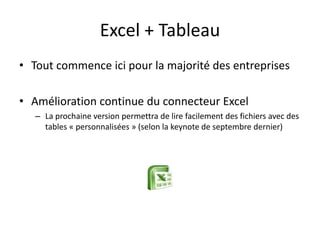 Excel + Tableau 
•Tout commence ici pour la majorité des entreprises 
•Amélioration continue du connecteur Excel 
–La prochaine version permettra de lire facilement des fichiers avec des tables «personnalisées» (selon la keynotede septembre dernier)  