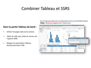Combiner Tableau et SSRS 
http://kingjoypenx/ReportServer/Pages/ReportViewer.aspx?%2fSSRSListReport&Age=<Parameters.AgeParm>&rc:Toolbar=false 
Dans la partie Tableau de bord : 
•Utiliser les pages web ou les actions 
•Editer les URL avec celles du serveur de rapports SSRS 
•Mapper les paramètres Tableau directement dans l’URL  