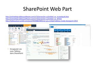 SharePoint Web Part http://onlinehelp.tableausoftware.com/v7.0/server/en-us/embed_ex_trustedauth.htmhttp://onlinehelp.tableausoftware.com/v7.0/server/en-us/embed_ex_SP.htm 
http://tableaulove.tumblr.com/post/49190862485/can-you-embed-tableau-inside-sharepoint-2013 
•Encapsuler ses vues Tableau dans SharePoint  
