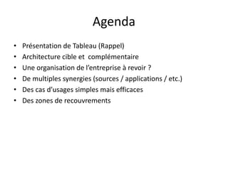 Agenda 
•Présentation de Tableau (Rappel) 
•Architecture cible et complémentaire 
•Une organisation de l’entreprise à revoir ? 
•De multiples synergies (sources / applications / etc.) 
•Des cas d’usages simples mais efficaces 
•Des zones de recouvrements  