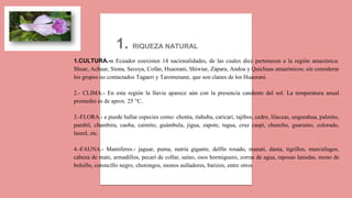 1. RIQUEZA NATURAL
1.CULTURA.-n Ecuador coexisten 14 nacionalidades, de las cuales diez pertenecen a la región amazónica:
Shuar, Achuar, Siona, Secoya, Cofán, Huaorani, Shiwiar, Zápara, Andoa y Quichuas amazónicos; sin considerar
los grupos no contactados Tagaeri y Taromenane, que son clanes de los Huaorani.
2.- CLIMA.- En esta región la lluvia aparece aún con la presencia candente del sol. La temperatura anual
promedio es de aprox. 25 °C.
3.-FLORA.- e puede hallar especies como: chonta, itahuba, caricari, tajibos, cedro, lilaceas, ungurahua, palmito,
pambil, chambira, caoba, caimito, guámbula, jigua, zapote, tagua, cruz caspi, chuncho, guarumo, colorado,
laurel, etc.
4.-FAUNA.- Mamiferos.- jaguar, puma, nutria gigante, delfín rosado, manatí, danta, tigrillos, murciélagos,
cabeza de mate, armadillos, pecarí de collar, saíno, osos hormiguero, zorras de agua, raposas lanudas, mono de
bolsillo, cotoncillo negro, chorongos, monos aulladores, barizos, entre otros
 