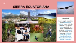 SIERRA ECUATORIANA
LA SIERRA
Es una región geográfica
de la República del
Ecuador que se extiende
de norte a sur por los
Andes. Va desde los
1.800 m hasta los 6.310
m con el Chimborazo.
Está conformada por las
provincias Pichincha,
Carchi, Tungurahua,
Chimborazo, Cañar,
Azuay, Loja, Imbabura,
Bolívar y Cotopaxi.
 