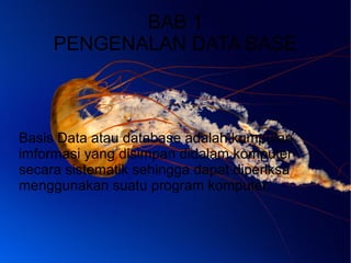 BAB 1
PENGENALAN DATA BASE
Basis Data atau database adalah kumpulan
imformasi yang disimpan didalam komputer
secara sistematik sehingga dapat diperiksa
menggunakan suatu program komputer.
 