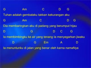 G  Am   C  D G Tuhan adalah gembalaku takkan kekurangan aku G  Am C D  G Dia membaringkan aku di padang yang berumput hijau D G   D   C   G Ia membimbingku ke air yang tenang Ia menyegarkan jiwaku D   G   Em   A D Ia menuntunku di jalan yang benar oleh karna namaNya 