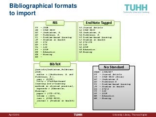 April 2016 University Library, Thomas Hapke
Bibliographical formats
to import
TY - JOUR
SN - 0926-9630
AU - Jauhiainen, A.
AU - Pulkkinen, R.
T1 - Problem-based learning
JF - Studies in health
SP - 572
EP - 576
VL - 146
PY - 2009
KW - Education
KW - Nursing
ER -
RIS
%0 Journal Article
%@ 0926-9630
%A Jauhiainen, A.
%A Pulkkinen, R.
%T Problem-based learning
%J Studies in health
%P 572-576
%V 146
%D 2009
%K Education
%K Nursing
EndNote Tagged
@article{Jauhiainen_Pulkkinen:
2009,
author = {Jauhiainen, A. and
Pulkkinen, R.},
year = {2009},
title = {Problem-based
learning and e-learning
methods in clinical practice},
keywords = {Education;
Nursing},
pages = {572--576},
volume = {146},
issn = {0926-9630},
journal = {Studies in health}
}
BibTeX
PMID- 19592907
PT - Journal Article
IS - 0926-9630 (Print)
AU - Jauhiainen A
AU - Pulkkinen R
TI - Problem-based learning
JT - Studies in health
PG - 572-6
VI - 146
DP - 2009
MH - Education
MH - Nursing
No Standard
 