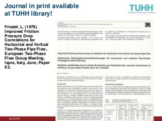 April 2016 University Library, Thomas Hapke
Journal in print available
at TUHH library!
Friedel, L. (1979).
Improved Friction
Pressure Drop
Correlations for
Horizontal and Vertical
Two-Phase Pipe Flow,
European Two-Phase
Flow Group Meeting,
Ispra, Italy, June, Paper
E2.
 