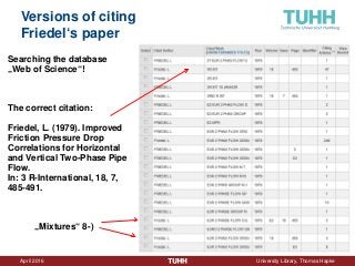 April 2016 University Library, Thomas Hapke
Versions of citing
Friedel‘s paper
Searching the database
„Web of Science“!
The correct citation:
Friedel, L. (1979). Improved
Friction Pressure Drop
Correlations for Horizontal
and Vertical Two-Phase Pipe
Flow.
In: 3 R-International, 18, 7,
485-491.
„Mixtures“ 8-)
 