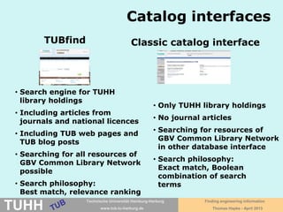 April 2016 University Library, Thomas Hapke
Beyond Google!
FindING @ TUHH-Bibliothek
First orientation
Catalog
Actual
research information
Specials
Reference databases for journal articles:
TEMA, Web of Science
Civil engineering: RSWB, TEMA
Electrical engeineering: Inspec, TEMA, (IEEE)
Mechanical engineering: TEMA, Web of Science
Process engineering: Web of Science, TEMA
Business sciences: TEMA, Business Source
Premier, WISO
Library website: http://www.tub.tu-harburg.de/en/
Subject groups in reading room
Encyclopedias and other reference works
Media - digital (TUHH intranet!) or printed
(reading rooms, closed stacks)
https://katalog.tub.tu-harburg.de/?mylang=en
German DIN standards online!
Patents: Esp@cenet, DEPATISnet
Interlibrary loan and document delivery
 