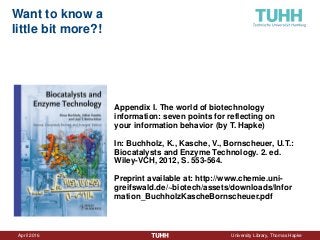 April 2016 University Library, Thomas Hapke
Want to know a
little bit more?!
Appendix I. The world of biotechnology
information: seven points for reflecting on
your information behavior (by T. Hapke)
In: Buchholz, K., Kasche, V., Bornscheuer, U.T.:
Biocatalysts and Enzyme Technology. 2. ed.
Wiley-VCH, 2012, S. 553-564.
Preprint available at: http://www.chemie.uni-
greifswald.de/~biotech/assets/downloads/Infor
mation_BuchholzKascheBornscheuer.pdf
 