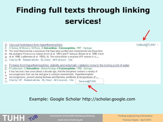 April 2016 University Library, Thomas Hapke
The TUHH Library
Closed Stacks
Readings rooms
• Reference works and
Encyclopedias
• Journals
• Subject groups
• Textbook collection
Digital Library
• Online-Books
• E-Journals
• Databases
Picture: D. Bieler
The catalog – the heart
of the library!
Access to complete
holdings!
 