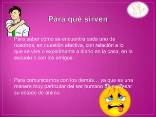 • Para saber cómo se encuentra cada uno de
  nosotros, en cuestión afectiva, con relación a lo
  que se vive o experimenta a diario en la casa, en la
  escuela o con los amigos.



• Para comunicarnos con los demás… ya que es una
  manera muy particular del ser humano de expresar
  su estado de ánimo.
 