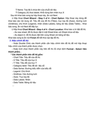 Ÿ Name: Toạ độ ô chứa tên của chuỗi dữ liệu
Ÿ Category (X) Axis labels: Khối dùng làm nhãn trục X
Sau khi khai báo xong tại hộp thoại này, ấn nút Next
ü Hộp thoại Chart Wizard - Step 3 of 4 - Chart Option: Hộp thoại này dùng để
khai báo các nội dung về: Tiêu đề của đồ thị (Titles), trục toạ độ (Axes), đường lưới
(Gridlines), chú thích (Legend), nhãn (Data Labels), bảng dữ liệu (Data Table)... Khai
báo xong, ấn nút Next để tiếp tục.
ü Hộp thoại Chart Wizard - Step 4 of 4 - Chart Location: Khai báo vị trí đặt đồ thị:
- As new sheet: đồ thị được đặt ở một Sheet khác với Sheet chứa số liệu
- As object in: đồ thị được đặt trên cùng Sheet với bảng số liệu
Khai báo xong ta ấn nút Finish để kết thúc tạo lập đồ thị.
3. Hiệu chỉnh đồ thị:
- Hoặc Double Click vào thành phần cần hiệu chỉnh trên đồ thị để mở hộp thoại
hiệu chỉnh của thành phần được chọn.
- Hoặc kích chọn thành phần này trên đồ thị rồi chọn lệnh Format - Select <tên
thành phần)...
* Các thành phần trên đồ thị gồm:
- Chart Title: Tiêu đề của đồ thị
- X Title: Tiêu đề của trục X
- Y Title: Tiêu đề của trục Y
- Category label: Tiêu đề dữ liệu số
- Data Series: Đường biểu diễn của biểu đồ
- Legend: Chú thích
- Gridlines: Các đường lưới
- Axes: Trục toạ độ
- Data Labels: Nhãn
- Data Table: Bảng dữ liệu
...
 