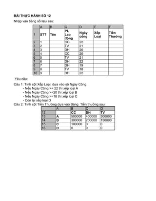 BÀI THỰC HÀNH SỐ 12
Nhập vào bảng số liệu sau:
Yêu cầu:
Câu 1: Tính cột Xếp Loại: dựa vào số Ngày Công
- Nếu Ngày Công >= 22 thì xếp loại A
- Nếu Ngày Công >=20 thì xếp loại B
- Nếu Ngày Công >=18 thì xếp loại C
- Còn lại xếp loại D
Câu 2: Tính cột Tiền Thưởng dựa vào Bảng Tiền thưởng sau:
A B C D E F
1 STT Tên
PL
Lao
động
Ngày
công
Xếp
Loại
Tiền
Thưởng
2 1 CC 22
3 2 TV 21
4 3 DH 20
5 4 CC 20
6 5 TV 21
7 6 DH 22
8 7 DH 19
9 8 TV 18
10 9 DH 22
A B C D
12 CC DH TV
13 A 500000 400000 300000
14 B 300000 200000 150000
15 C 100000 0 0
16 D 0 0 0
 