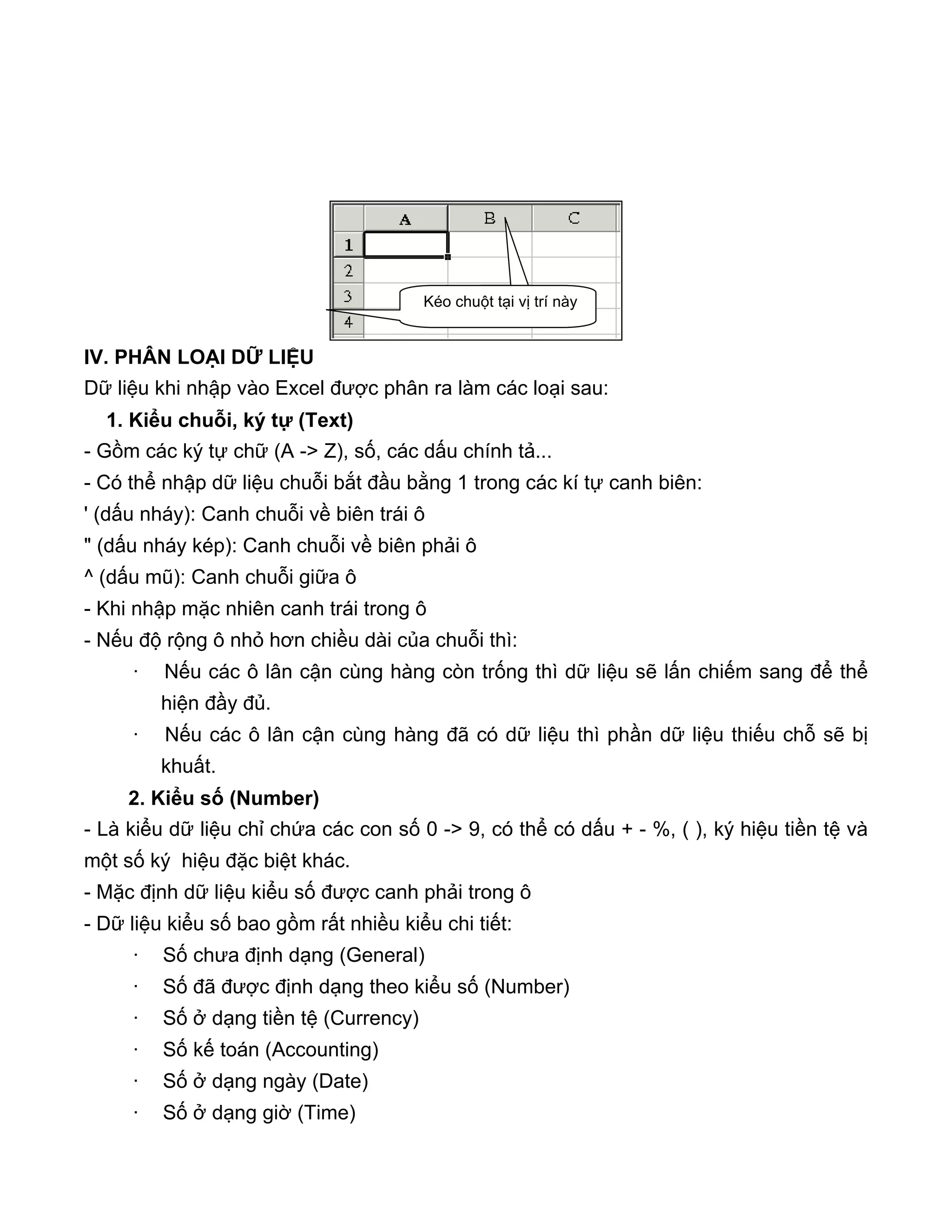 IV. PHÂN LOẠI DỮ LIỆU
Dữ liệu khi nhập vào Excel được phân ra làm các loại sau:
1. Kiểu chuỗi, ký tự (Text)
- Gồm các ký tự chữ (A -> Z), số, các dấu chính tả...
- Có thể nhập dữ liệu chuỗi bắt đầu bằng 1 trong các kí tự canh biên:
' (dấu nháy): Canh chuỗi về biên trái ô
" (dấu nháy kép): Canh chuỗi về biên phải ô
^ (dấu mũ): Canh chuỗi giữa ô
- Khi nhập mặc nhiên canh trái trong ô
- Nếu độ rộng ô nhỏ hơn chiều dài của chuỗi thì:
· Nếu các ô lân cận cùng hàng còn trống thì dữ liệu sẽ lấn chiếm sang để thể
hiện đầy đủ.
· Nếu các ô lân cận cùng hàng đã có dữ liệu thì phần dữ liệu thiếu chỗ sẽ bị
khuất.
2. Kiểu số (Number)
- Là kiểu dữ liệu chỉ chứa các con số 0 -> 9, có thể có dấu + - %, ( ), ký hiệu tiền tệ và
một số ký hiệu đặc biệt khác.
- Mặc định dữ liệu kiểu số được canh phải trong ô
- Dữ liệu kiểu số bao gồm rất nhiều kiểu chi tiết:
· Số chưa định dạng (General)
· Số đã được định dạng theo kiểu số (Number)
· Số ở dạng tiền tệ (Currency)
· Số kế toán (Accounting)
· Số ở dạng ngày (Date)
· Số ở dạng giờ (Time)
Kéo chuột tại vị trí này
 