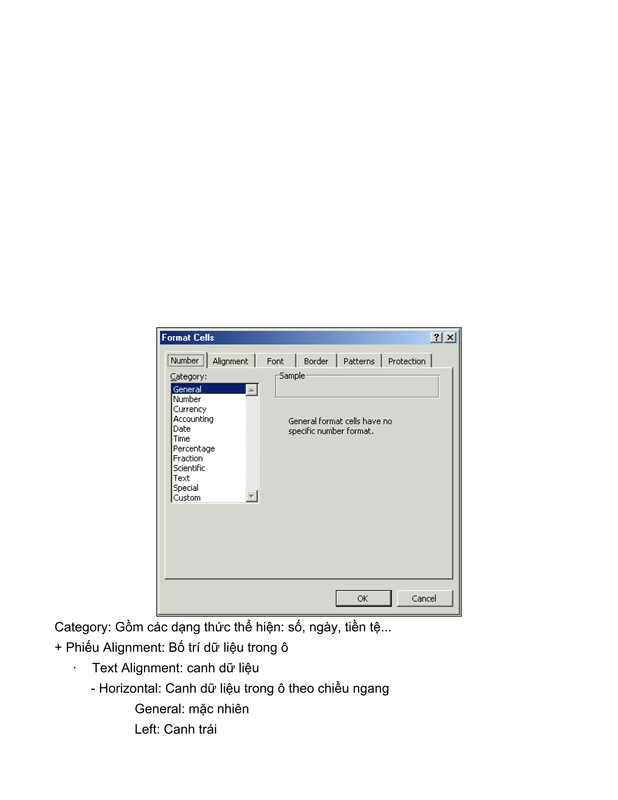 Category: Gồm các dạng thức thể hiện: số, ngày, tiền tệ...
+ Phiếu Alignment: Bố trí dữ liệu trong ô
· Text Alignment: canh dữ liệu
- Horizontal: Canh dữ liệu trong ô theo chiều ngang
General: mặc nhiên
Left: Canh trái
 