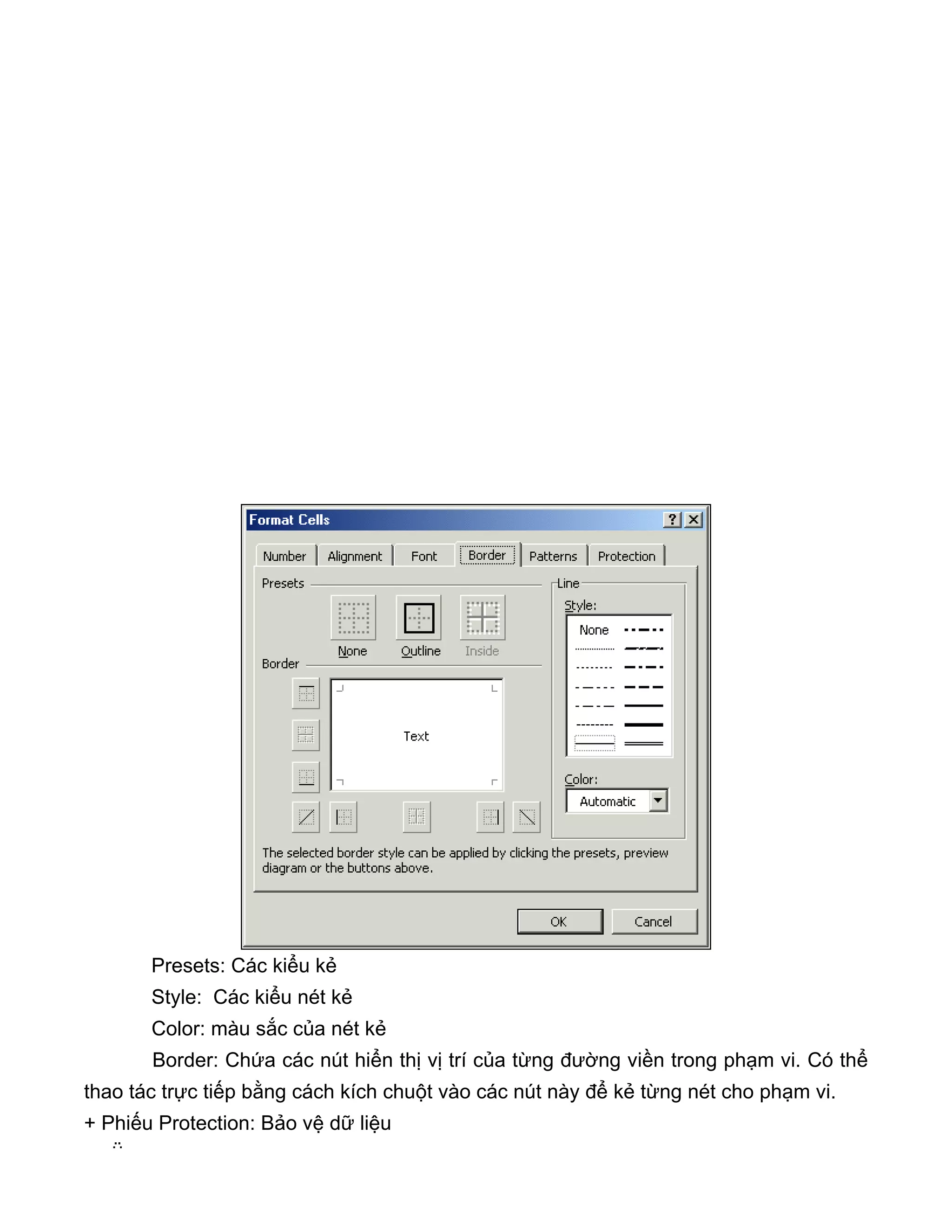 Presets: Các kiểu kẻ
Style: Các kiểu nét kẻ
Color: màu sắc của nét kẻ
Border: Chứa các nút hiển thị vị trí của từng đường viền trong phạm vi. Có thể
thao tác trực tiếp bằng cách kích chuột vào các nút này để kẻ từng nét cho phạm vi.
+ Phiếu Protection: Bảo vệ dữ liệu
ü
 