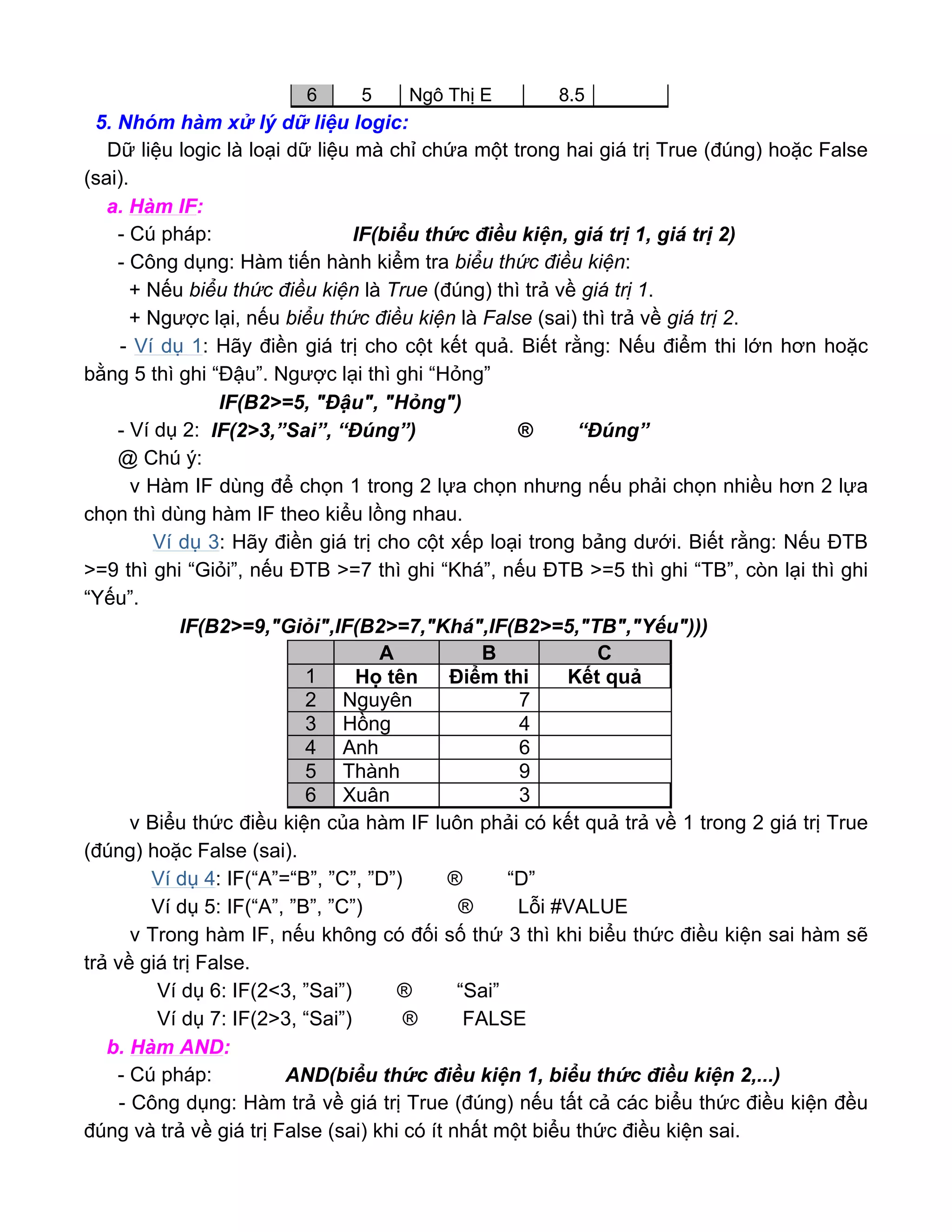 5. Nhóm hàm xử lý dữ liệu logic:
Dữ liệu logic là loại dữ liệu mà chỉ chứa một trong hai giá trị True (đúng) hoặc False
(sai).
a. Hàm IF:
- Cú pháp: IF(biểu thức điều kiện, giá trị 1, giá trị 2)
- Công dụng: Hàm tiến hành kiểm tra biểu thức điều kiện:
+ Nếu biểu thức điều kiện là True (đúng) thì trả về giá trị 1.
+ Ngược lại, nếu biểu thức điều kiện là False (sai) thì trả về giá trị 2.
- Ví dụ 1: Hãy điền giá trị cho cột kết quả. Biết rằng: Nếu điểm thi lớn hơn hoặc
bằng 5 thì ghi “Đậu”. Ngược lại thì ghi “Hỏng”
IF(B2>=5, "Đậu", "Hỏng")
- Ví dụ 2: IF(2>3,”Sai”, “Đúng”) ® “Đúng”
@ Chú ý:
v Hàm IF dùng để chọn 1 trong 2 lựa chọn nhưng nếu phải chọn nhiều hơn 2 lựa
chọn thì dùng hàm IF theo kiểu lồng nhau.
Ví dụ 3: Hãy điền giá trị cho cột xếp loại trong bảng dưới. Biết rằng: Nếu ĐTB
>=9 thì ghi “Giỏi”, nếu ĐTB >=7 thì ghi “Khá”, nếu ĐTB >=5 thì ghi “TB”, còn lại thì ghi
“Yếu”.
IF(B2>=9,"Giỏi",IF(B2>=7,"Khá",IF(B2>=5,"TB","Yếu")))
v Biểu thức điều kiện của hàm IF luôn phải có kết quả trả về 1 trong 2 giá trị True
(đúng) hoặc False (sai).
Ví dụ 4: IF(“A”=“B”, ”C”, ”D”) ® “D”
Ví dụ 5: IF(“A”, ”B”, ”C”) ® Lỗi #VALUE
v Trong hàm IF, nếu không có đối số thứ 3 thì khi biểu thức điều kiện sai hàm sẽ
trả về giá trị False.
Ví dụ 6: IF(2<3, ”Sai”) ® “Sai”
Ví dụ 7: IF(2>3, “Sai”) ® FALSE
b. Hàm AND:
- Cú pháp: AND(biểu thức điều kiện 1, biểu thức điều kiện 2,...)
- Công dụng: Hàm trả về giá trị True (đúng) nếu tất cả các biểu thức điều kiện đều
đúng và trả về giá trị False (sai) khi có ít nhất một biểu thức điều kiện sai.
6 5 Ngô Thị E 8.5
A B C
1 Họ tên Điểm thi Kết quả
2 Nguyên 7
3 Hồng 4
4 Anh 6
5 Thành 9
6 Xuân 3
 