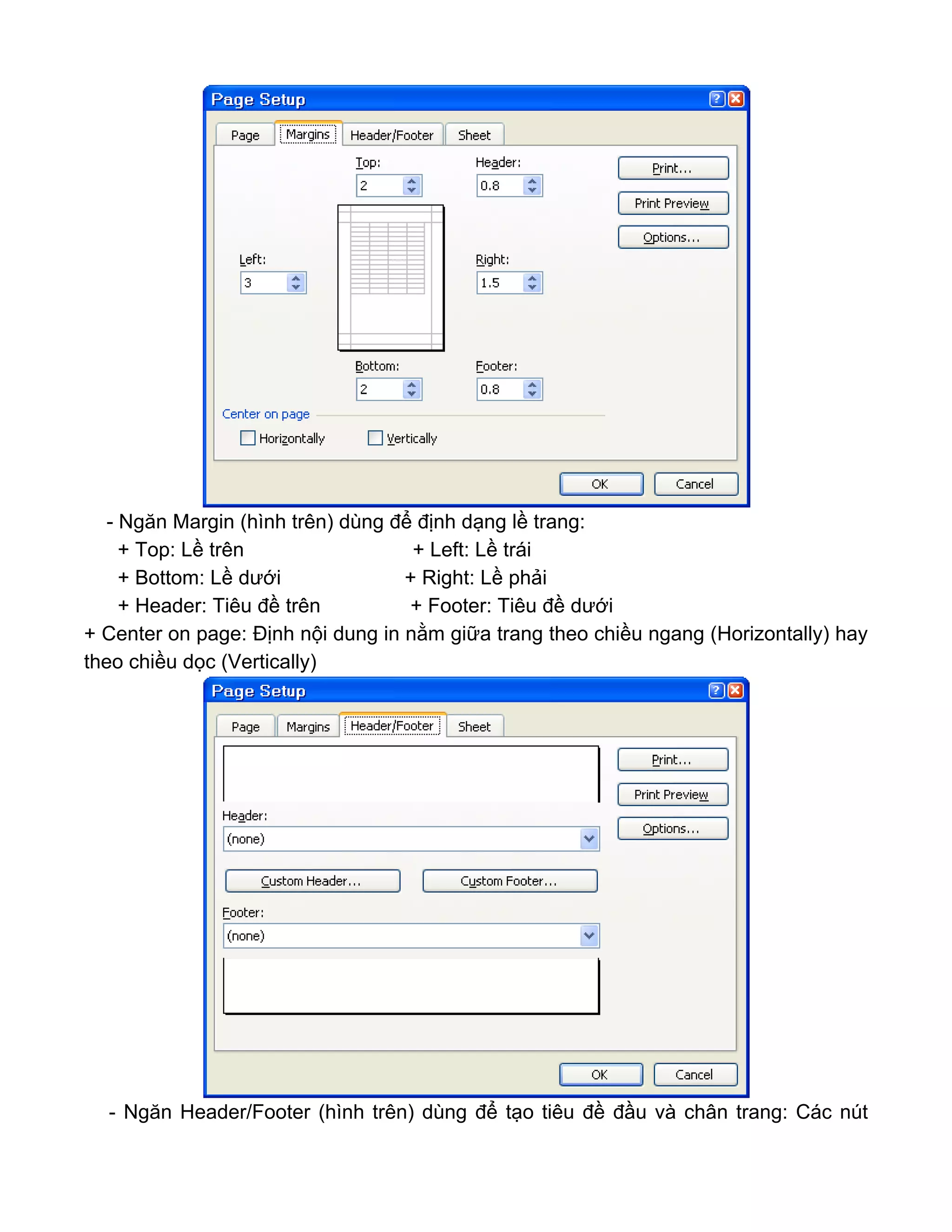 - Ngăn Margin (hình trên) dùng để định dạng lề trang:
+ Top: Lề trên + Left: Lề trái
+ Bottom: Lề dưới + Right: Lề phải
+ Header: Tiêu đề trên + Footer: Tiêu đề dưới
+ Center on page: Định nội dung in nằm giữa trang theo chiều ngang (Horizontally) hay
theo chiều dọc (Vertically)
- Ngăn Header/Footer (hình trên) dùng để tạo tiêu đề đầu và chân trang: Các nút
 