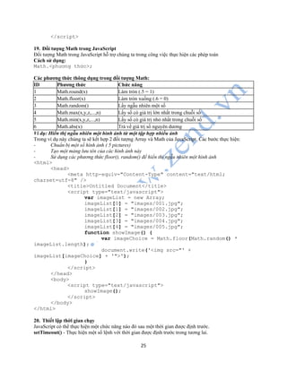 25
</script>
19. Đối tượng Math trong JavaScript
Đối tượng Math trong JavaScript hỗ trợ chúng ta trong công việc thực hiện các phép toán
Cách sử dụng:
Math.<phương thức>;
Các phương thức thông dụng trong đối tượng Math:
ID Phương thức Chức năng
1 Math.round(x) Làm tròn (.5 = 1)
2 Math.floor(x) Làm tròn xuống (.6 = 0)
3 Math.random() Lấy ngẫu nhiên một số
4 Math.max(x,y,z,...,n) Lấy số có giá trị lớn nhất trong chuỗi số
5 Math.min(x,y,z,...,n) Lấy số có giá trị nhỏ nhất trong chuỗi số
6 Math.abs(x) Trả về giá trị số nguyên dương
Ví dụ: Hiển thị ngẫu nhiên một hình ảnh từ một tập hợp nhiều ảnh
Trong ví dụ này chúng ta sẽ kết hợp 2 đối tượng Array và Math của JavaScript. Các bước thực hiện:
- Chuẩn bị một số hình ảnh ( 5 pictures)
- Tạo một mảng lưu tên của các hình ảnh này
- Sử dụng các phương thức floor(), random() để hiển thị ngẫu nhiên một hình ảnh
<html>
<head>
<meta http-equiv="Content-Type" content="text/html;
charset=utf-8" />
<title>Untitled Document</title>
<script type="text/javascript">
var imageList = new Array;
imageList[0] = "images/001.jpg";
imageList[1] = "images/002.jpg";
imageList[2] = "images/003.jpg";
imageList[3] = "images/004.jpg";
imageList[4] = "images/005.jpg";
function showImage() {
var imageChoice = Math.floor(Math.random() *
imageList.length);
document.write('<img src="' +
imageList[imageChoice] + '">');
}
</script>
</head>
<body>
<script type="text/javascript">
showImage();
</script>
</body>
</html>
20. Thiết lập thời gian chạy
JavaScript có thể thực hiện một chức năng nào đó sau một thời gian được định trước.
setTimeout() - Thực hiện một số lệnh với thời gian được định trước trong tương lai.
 